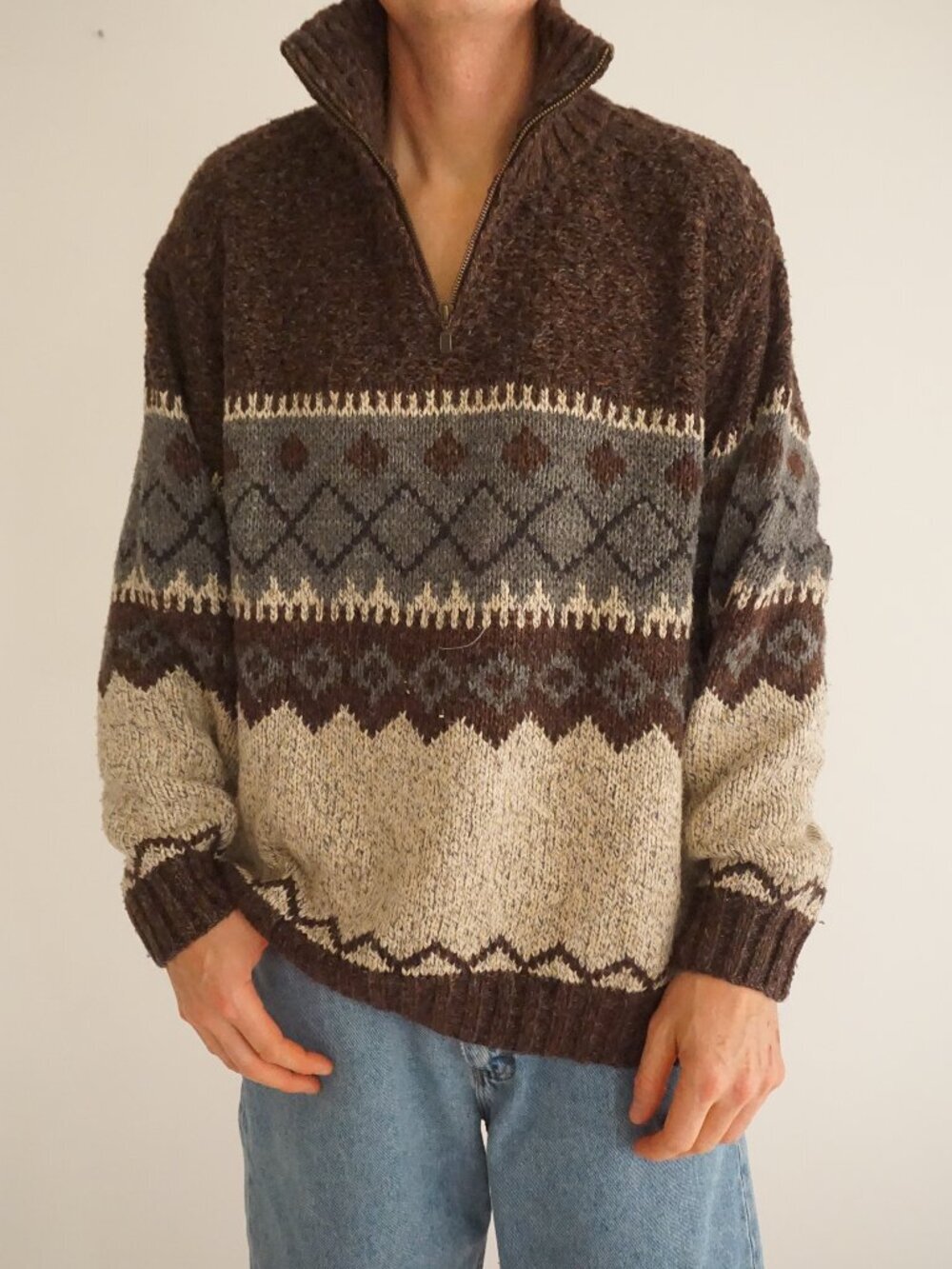 Vintage Fieldmaster Brown Grey Cream Fair Isle Jacquard Knit Half Zip Sweater XL